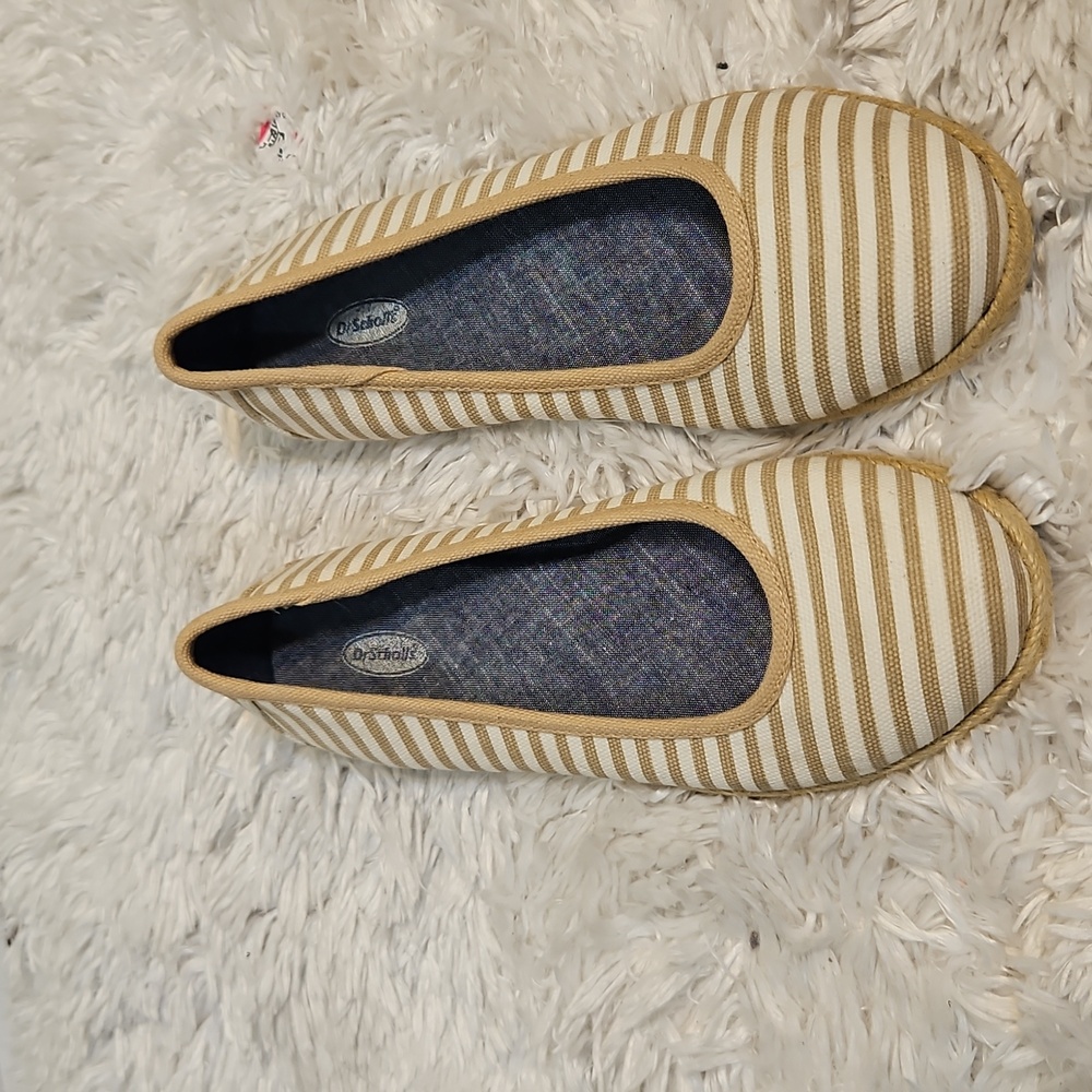 Dr. Scholls Espadrille Flats - Beige and White Striped Slip-on Shoes for‎ Women